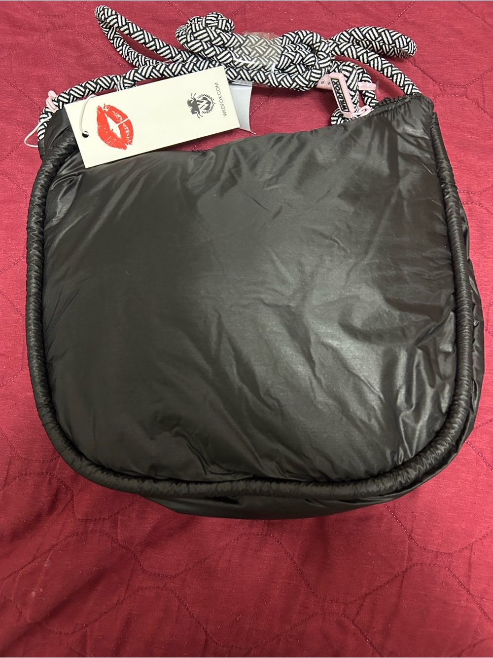 BNWT Wildfox Black Quilted Hobo Bag with Black-and-White Rope Strap